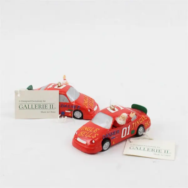 Lot of 2 Gallerie II Ceramic Santa Race Car Ornaments - New