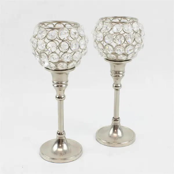 Set of 2 Vintage Silver-Tone Acrylic Crystal Votive Tea Light Candle Holders