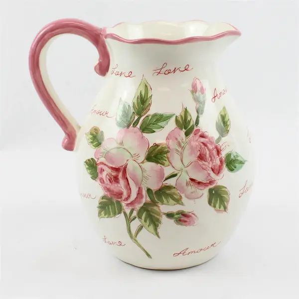 Collectible Ceramic Pitcher Pink Roses 'Love' Script Water Jug