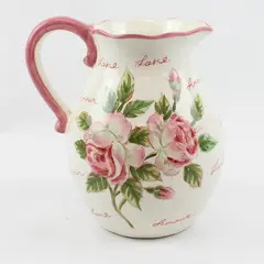 Collectible Ceramic Pitcher Pink Roses 'Love' Script Water Jug