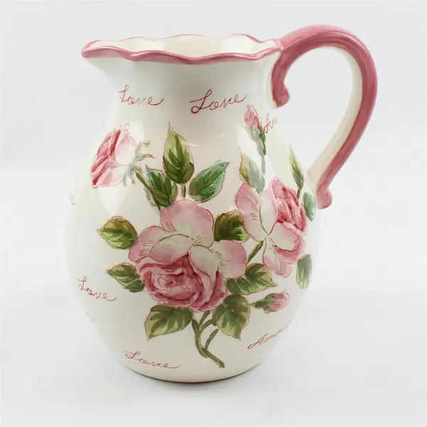 Collectible Ceramic Pitcher Pink Roses 'Love' Script Water Jug