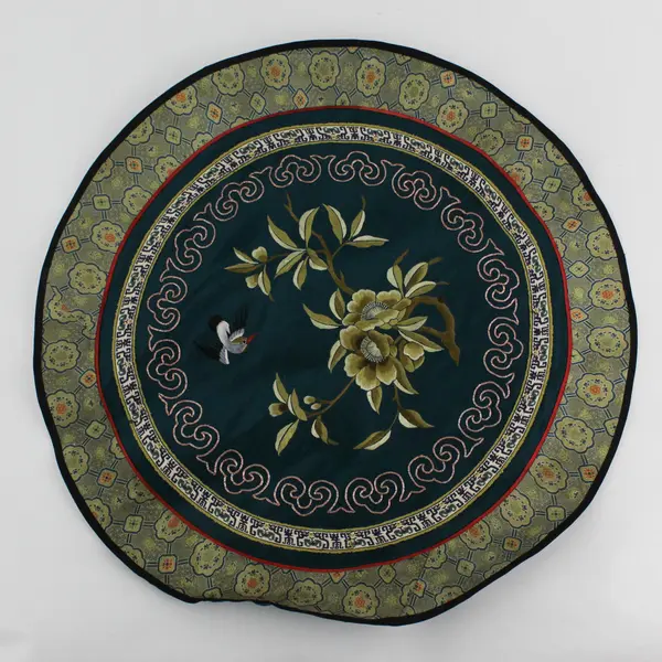Vintage Silk Embroidered Circular Placemat, Oriental Art w/Bird, 18" Round
