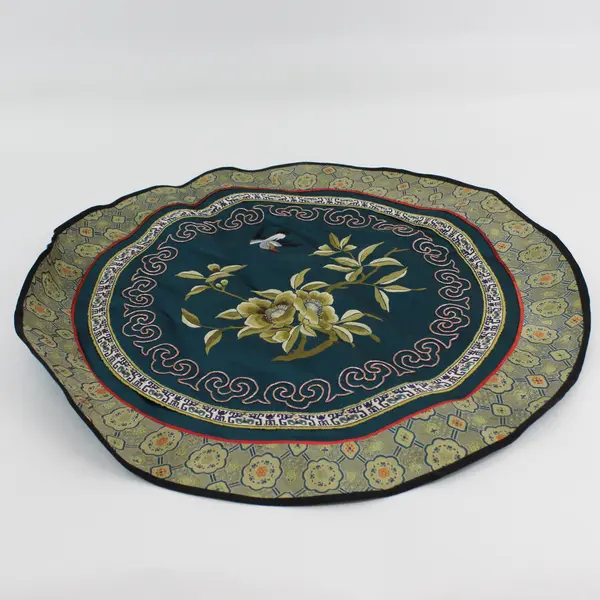 Vintage Silk Embroidered Circular Placemat, Oriental Art w/Bird, 18" Round