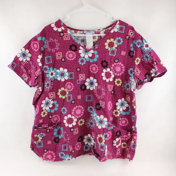 Scrubs & Beyond Floral Pattern Magenta Pink Scrub Top Women's Size 12-14