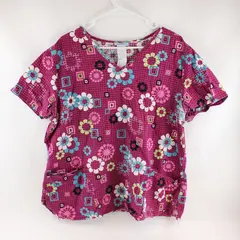 Scrubs & Beyond Floral Pattern Magenta Pink Scrub Top Women's Size 12-14
