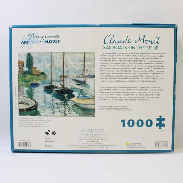 Claude Monet Sailboats on the Seine 1000 Pc. Jigsaw Puzzle Complete