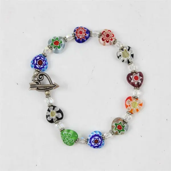 Millefiori Multicolor Heart-Shape Glass Beaded Toggle Clasp Bracelet 7"