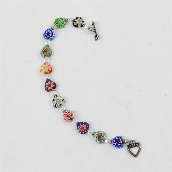 Millefiori Multicolor Heart-Shape Glass Beaded Toggle Clasp Bracelet 7"