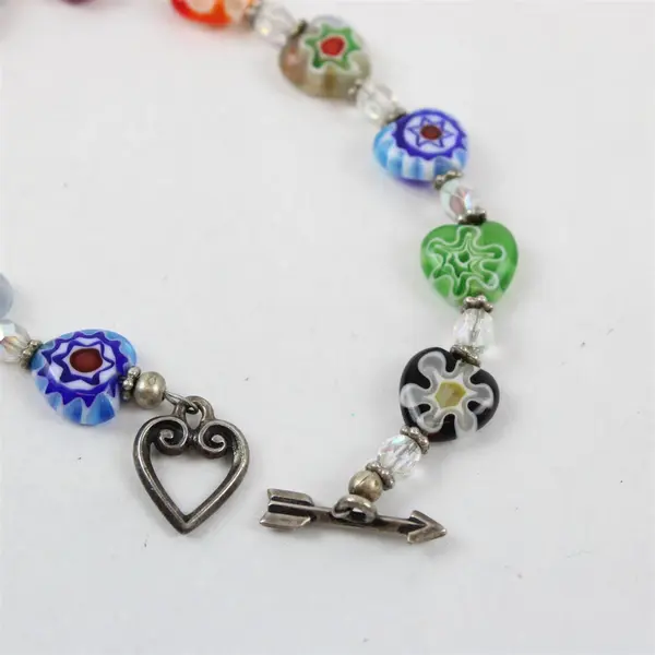 Millefiori Multicolor Heart-Shape Glass Beaded Toggle Clasp Bracelet 7"