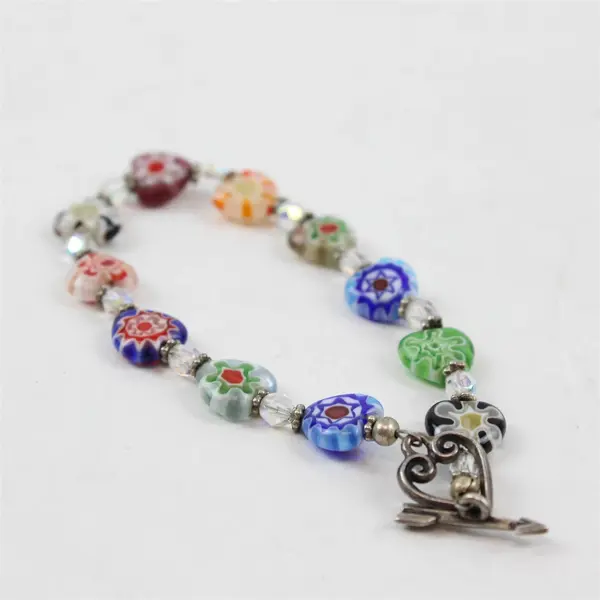 Millefiori Multicolor Heart-Shape Glass Beaded Toggle Clasp Bracelet 7"