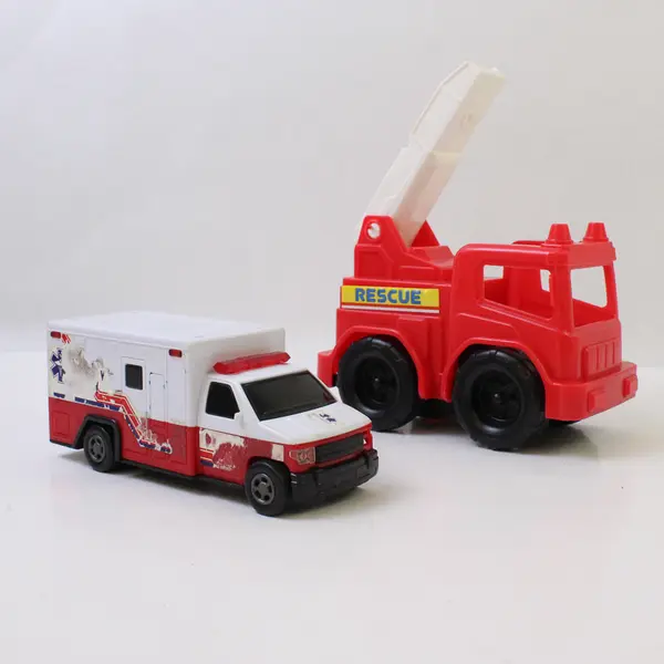 Lot of 2 Plastic Emergency Vehicles Fire Truck & Ambulance Preschool Toy