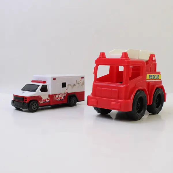 Lot of 2 Plastic Emergency Vehicles Fire Truck & Ambulance Preschool Toy