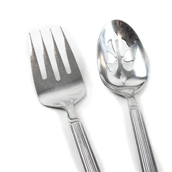 Lot of 2 Pfaltzgraff Brighton Stainless Steel Slotted Serving Spoon and Fork 8"