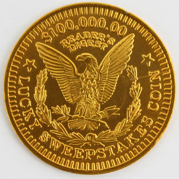 Reader's Digest $100,000 Lucky Sweepstakes Coin 1 3/8 inches Gold Tone