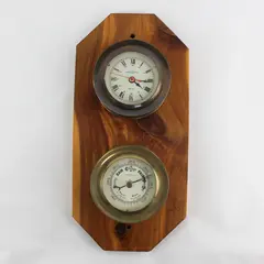 Emory & Douglas Co. Brass Barometer & Ship's Clock on Wood