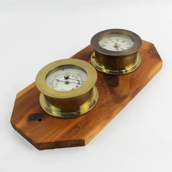 Emory & Douglas Co. Brass Barometer & Ship's Clock on Wood