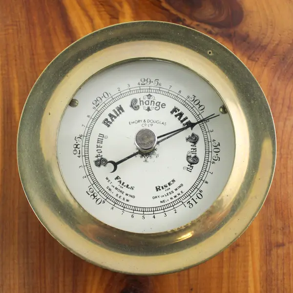 Emory & Douglas Co. Brass Barometer & Ship's Clock on Wood