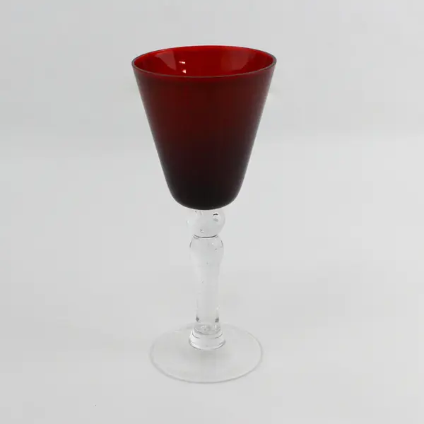 Wine Glass Ruby Red Blown Glass Clear Stem 8" Tall