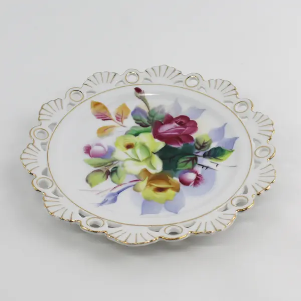 Vintage HHB Hand Painted Rose Plate with Reticulated Edge 8"