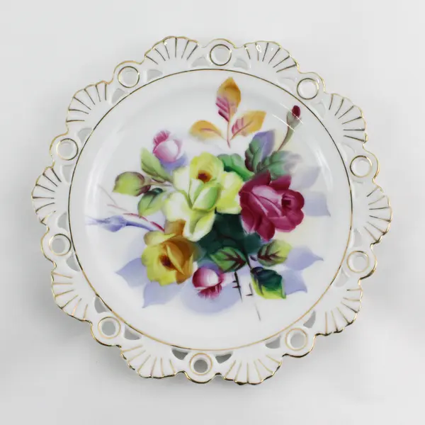 Vintage HHB Hand Painted Rose Plate with Reticulated Edge 8"