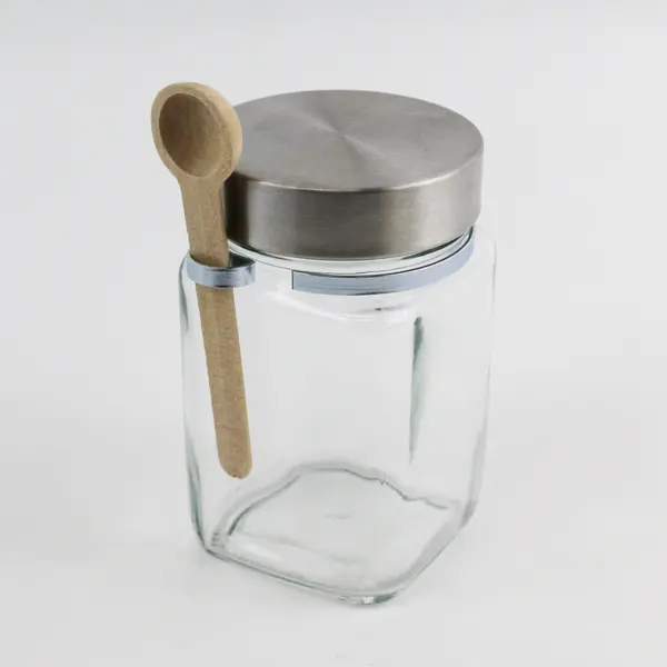 Square Glass Spice Storage Jar With Metal Lid and Wooden Spoon
