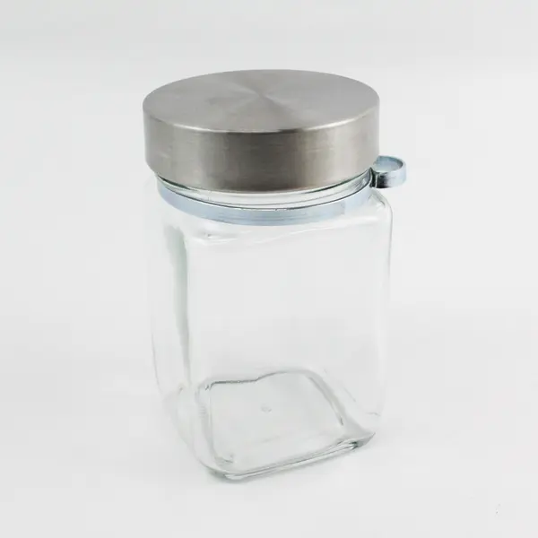 Square Glass Spice Storage Jar With Metal Lid and Wooden Spoon