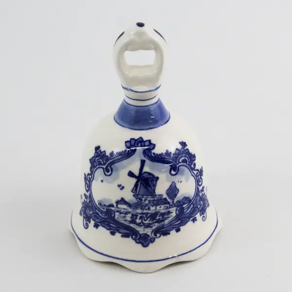 Hand Painted Delft Blue Ceramic Bell From Holland Windmill Flower Pattern