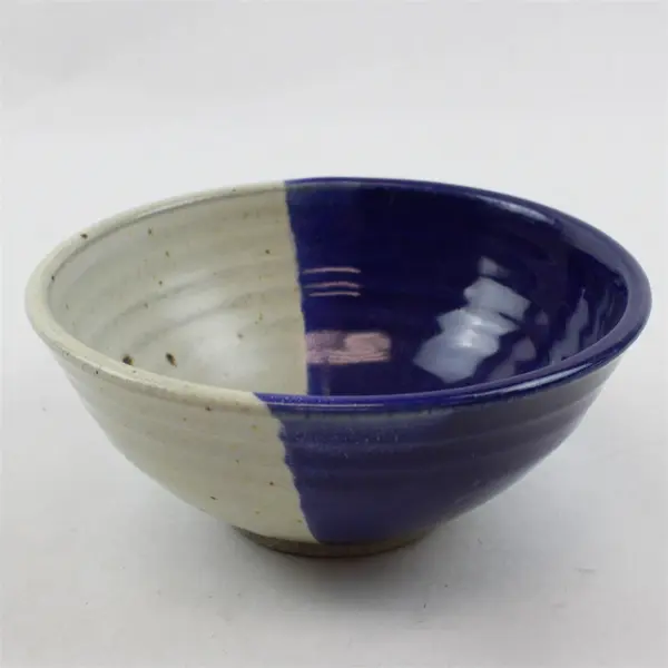 Stoneware Serving Bowl Two-Tone Dip Glaze Blue & Beige Handcrafted