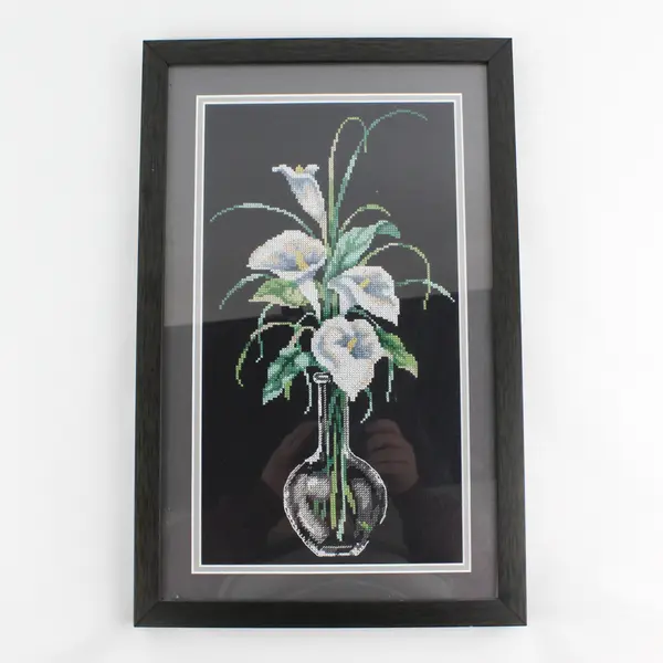 Framed And  Matted Calla Lilies In Vase Finished Needlepoint  17 x 11 Inch