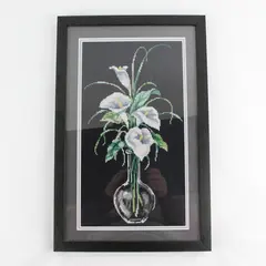 Framed And  Matted Calla Lilies In Vase Finished Needlepoint  17 x 11 Inch