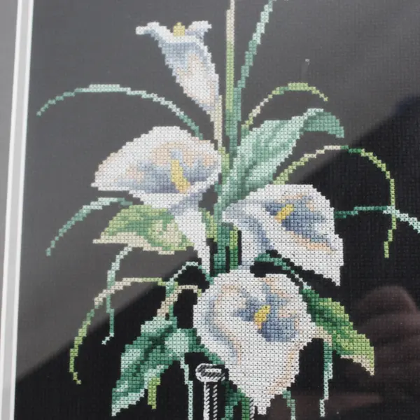 Framed And  Matted Calla Lilies In Vase Finished Needlepoint  17 x 11 Inch