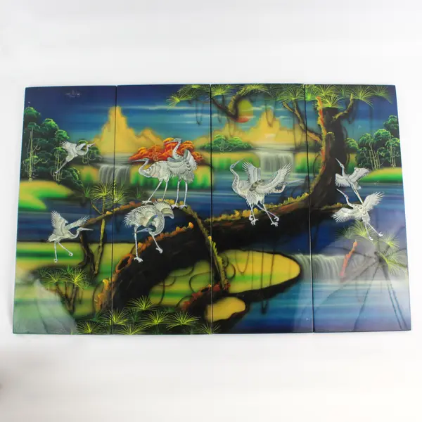 Four Panel Asian Lacquer Wall Plaque Inlaid Mother of Pearl Cranes