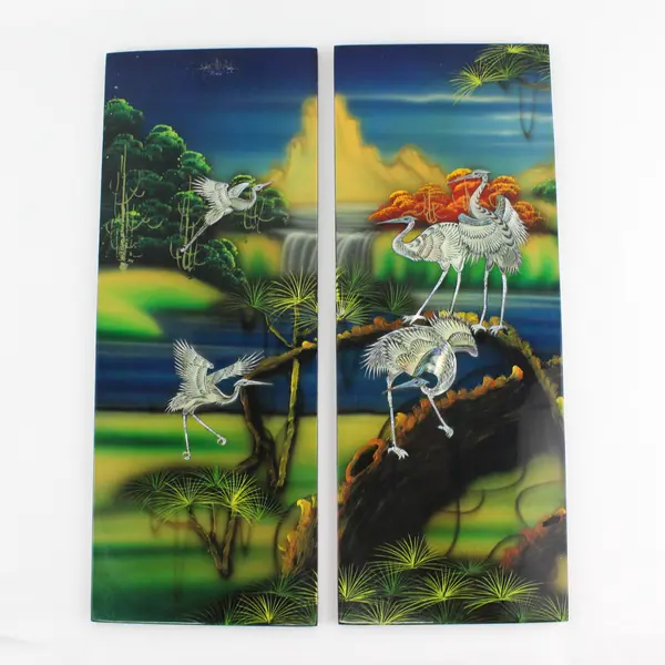 Four Panel Asian Lacquer Wall Plaque Inlaid Mother of Pearl Cranes