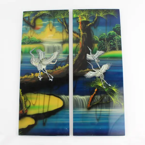 Four Panel Asian Lacquer Wall Plaque Inlaid Mother of Pearl Cranes