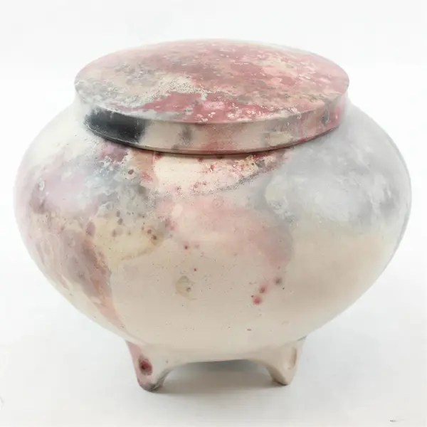 Handmade Raku Saggar-Fired Ceramic Art Jar 6x6x5.5 in