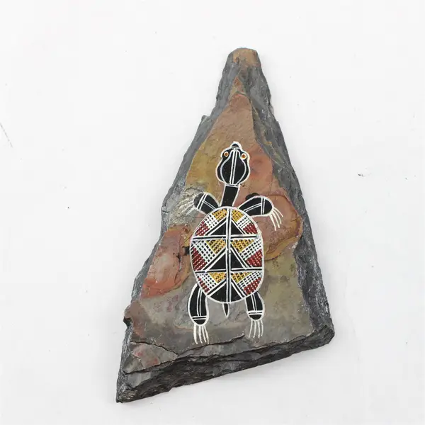 Hand-Painted Australian Aboriginal Turtle on Stone Slab Uluru Souvenir