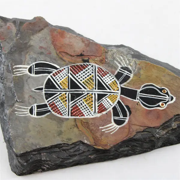 Hand-Painted Australian Aboriginal Turtle on Stone Slab Uluru Souvenir