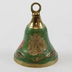 Vintage Enameled Brass Bell Green Floral Decorative - Missing Ringer