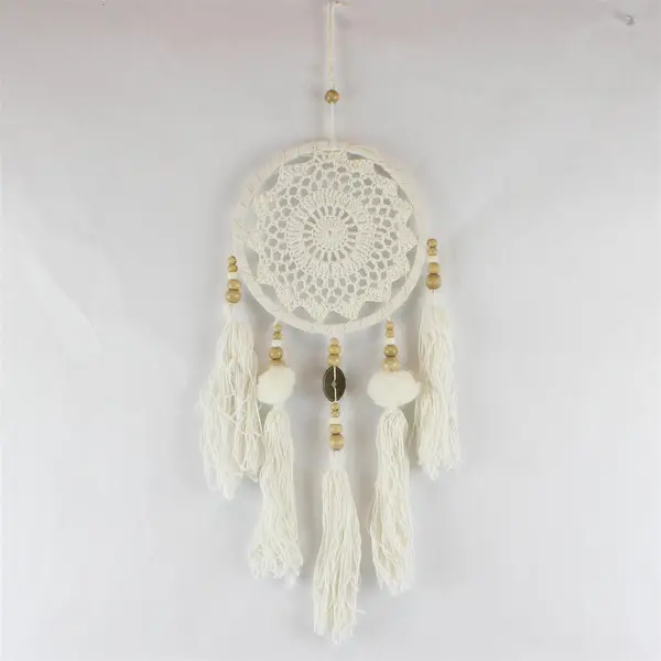 Handmade White Crochet Dream Catcher Pom-Poms Wooden Beads Tassels