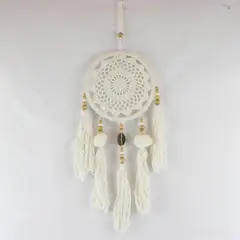 Handmade White Crochet Dream Catcher Pom-Poms Wooden Beads Tassels
