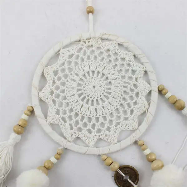 Handmade White Crochet Dream Catcher Pom-Poms Wooden Beads Tassels
