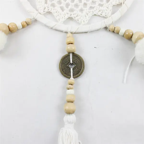 Handmade White Crochet Dream Catcher Pom-Poms Wooden Beads Tassels