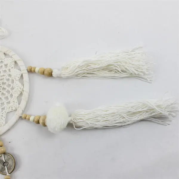 Handmade White Crochet Dream Catcher Pom-Poms Wooden Beads Tassels