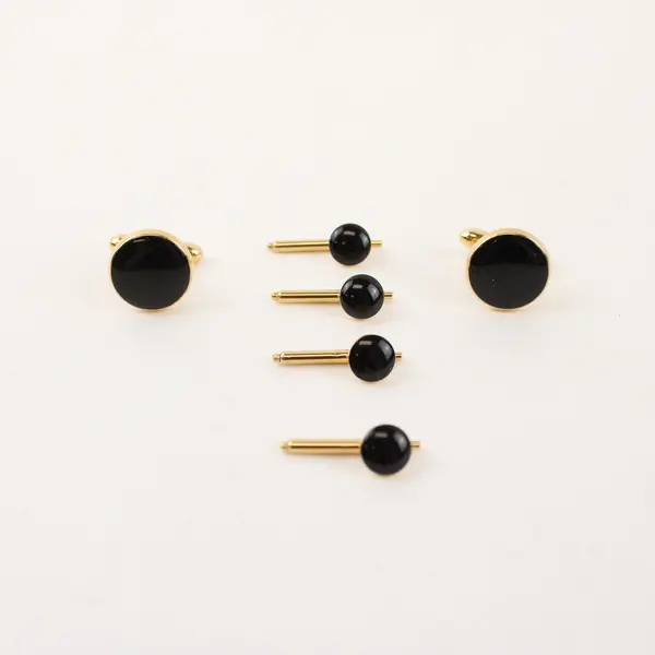 6 Pc Set Vintage Cufflinks and Shirt Studs Gold-Tone Black Stone