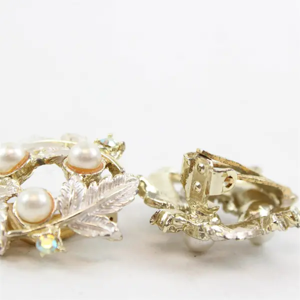 Vintage Judy Lee Leaf Design Faux Pearl Clip-On Earrings
