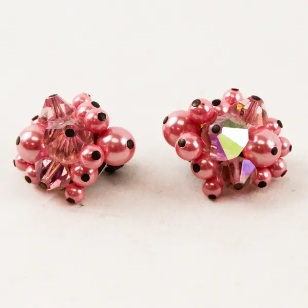 Vintage Pink Beaded Cluster Clip-On Earrings Made in Japan
