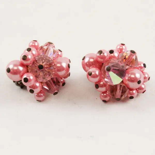 Vintage Pink Beaded Cluster Clip-On Earrings Made in Japan