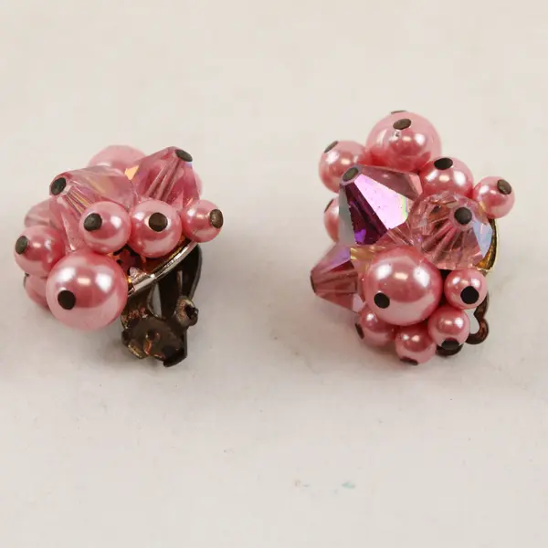 Vintage Pink Beaded Cluster Clip-On Earrings Made in Japan