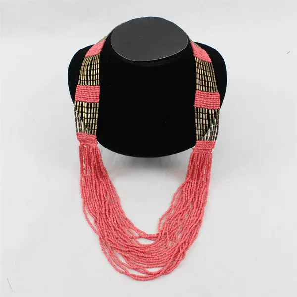 Multi-Strand Coral Pink and Brass-Tone Beaded Necklace 27"