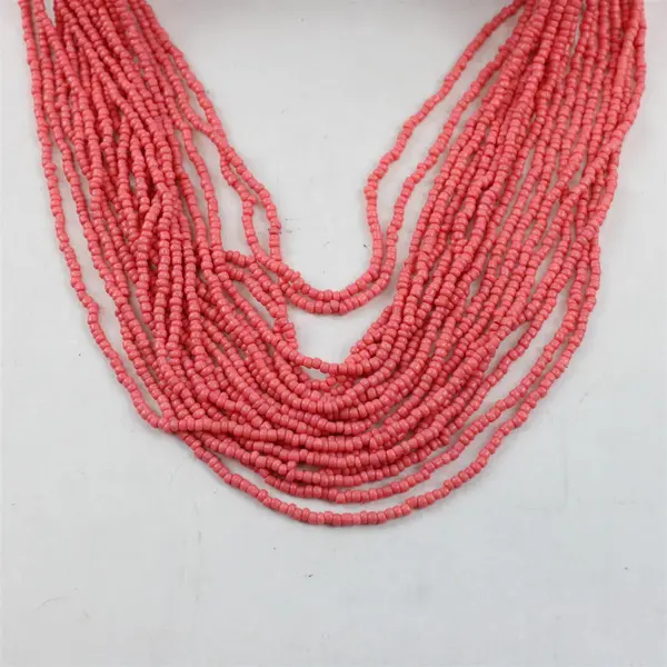 Multi-Strand Coral Pink and Brass-Tone Beaded Necklace 27"